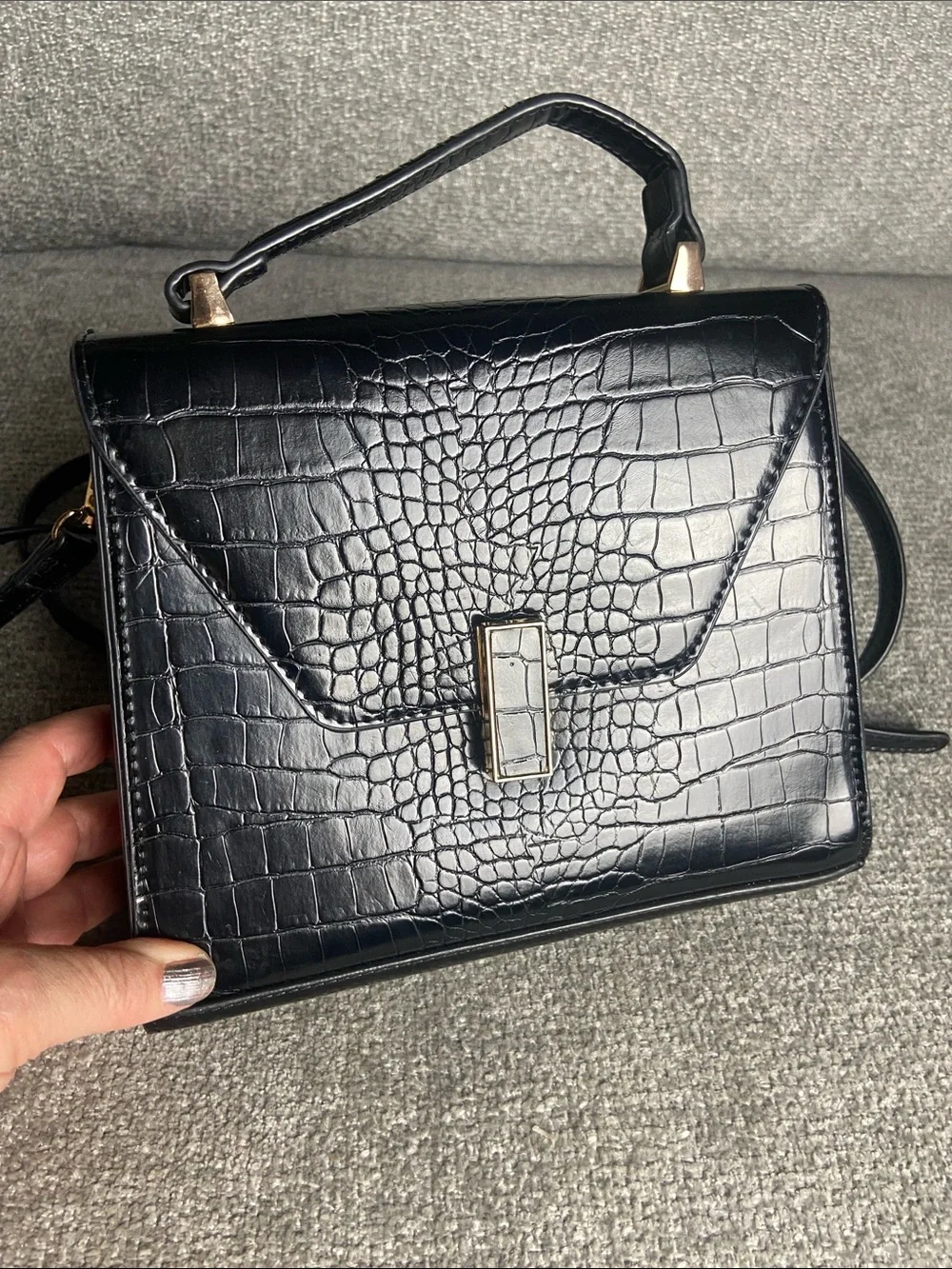 Madison West Black Croc-Embossed Top Handle Satchel with Strap
